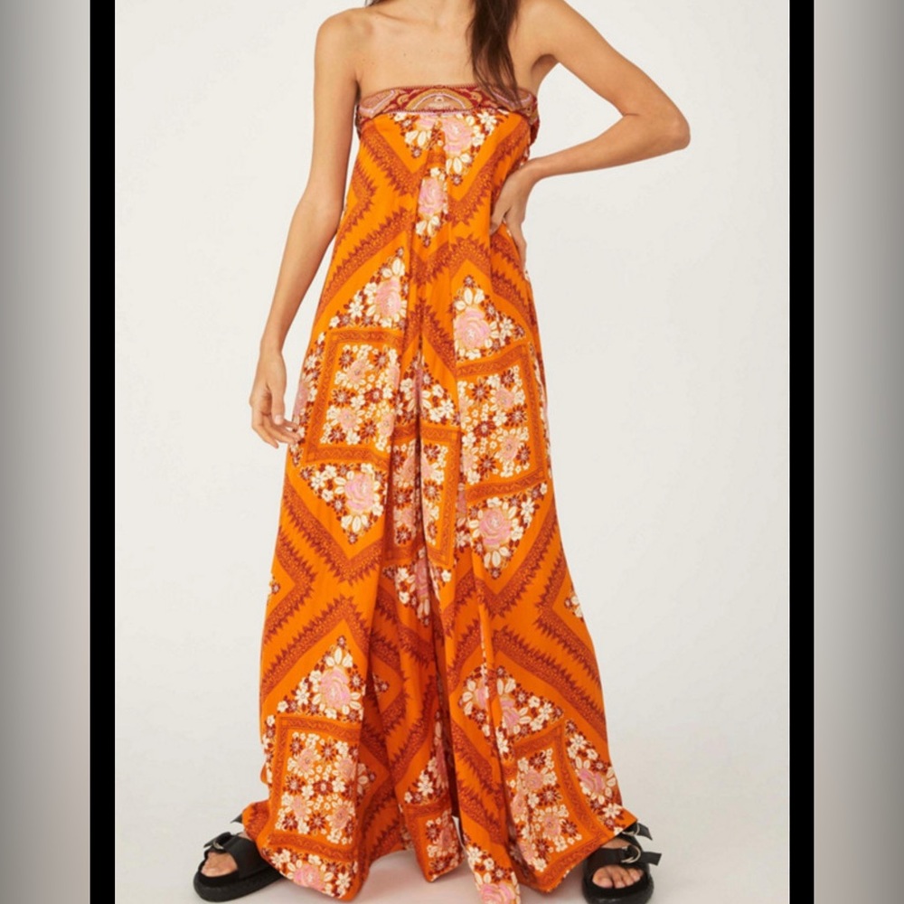 Free People Orange Floral Strapless Jumpsuit